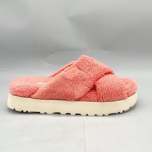 Ugg Fuzz Sugar Cross Womens 7 Terry Slide Sandals Shoes‎ Coral Platform Cozy